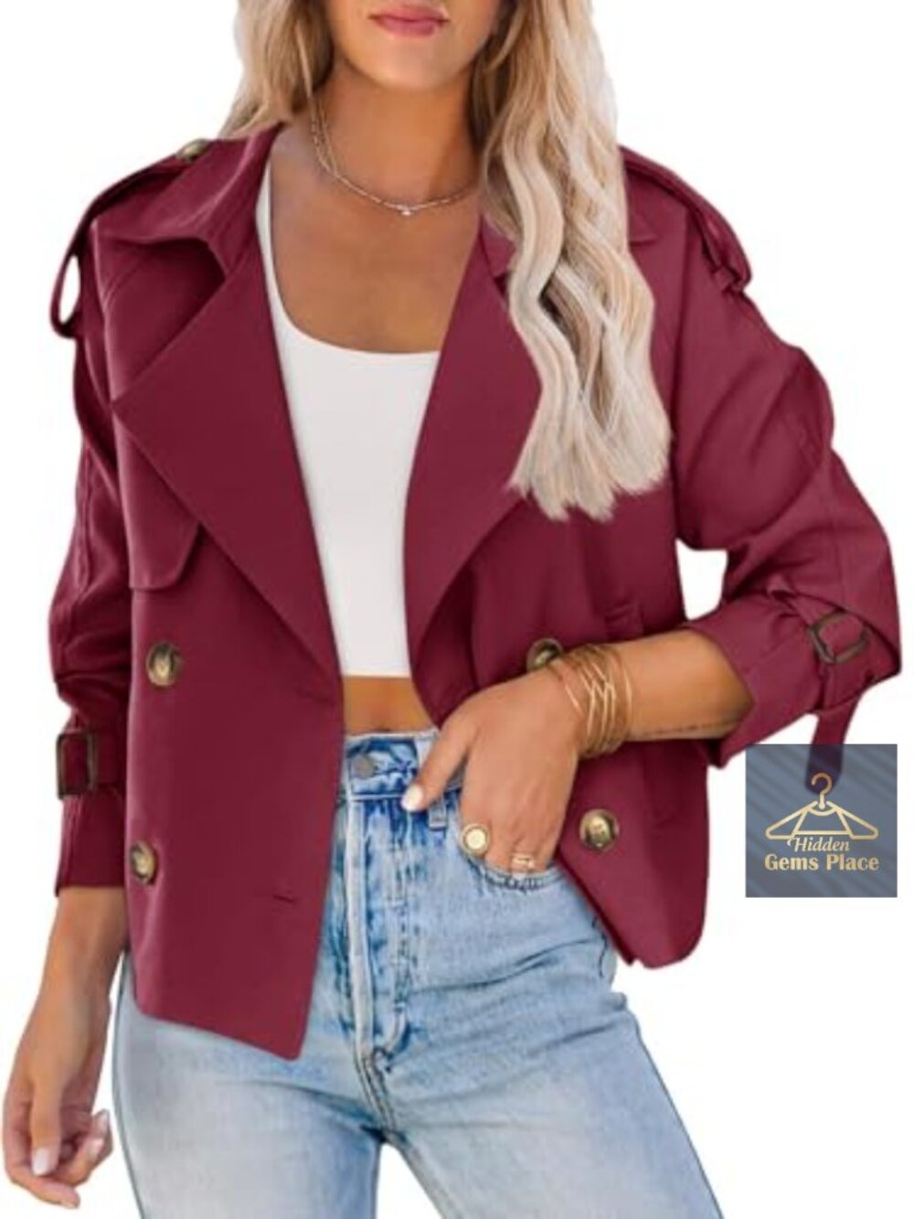Women's Cropped Double Breasted Trench Coat 100% Polyester Lapel Windbreaker